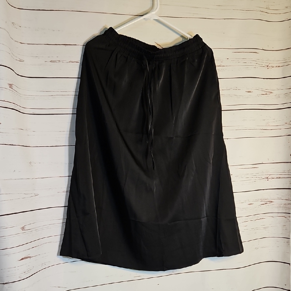 Witsmile Black Satin Midi Skirt Elastic Waist Drawstring Midi Length Skirt